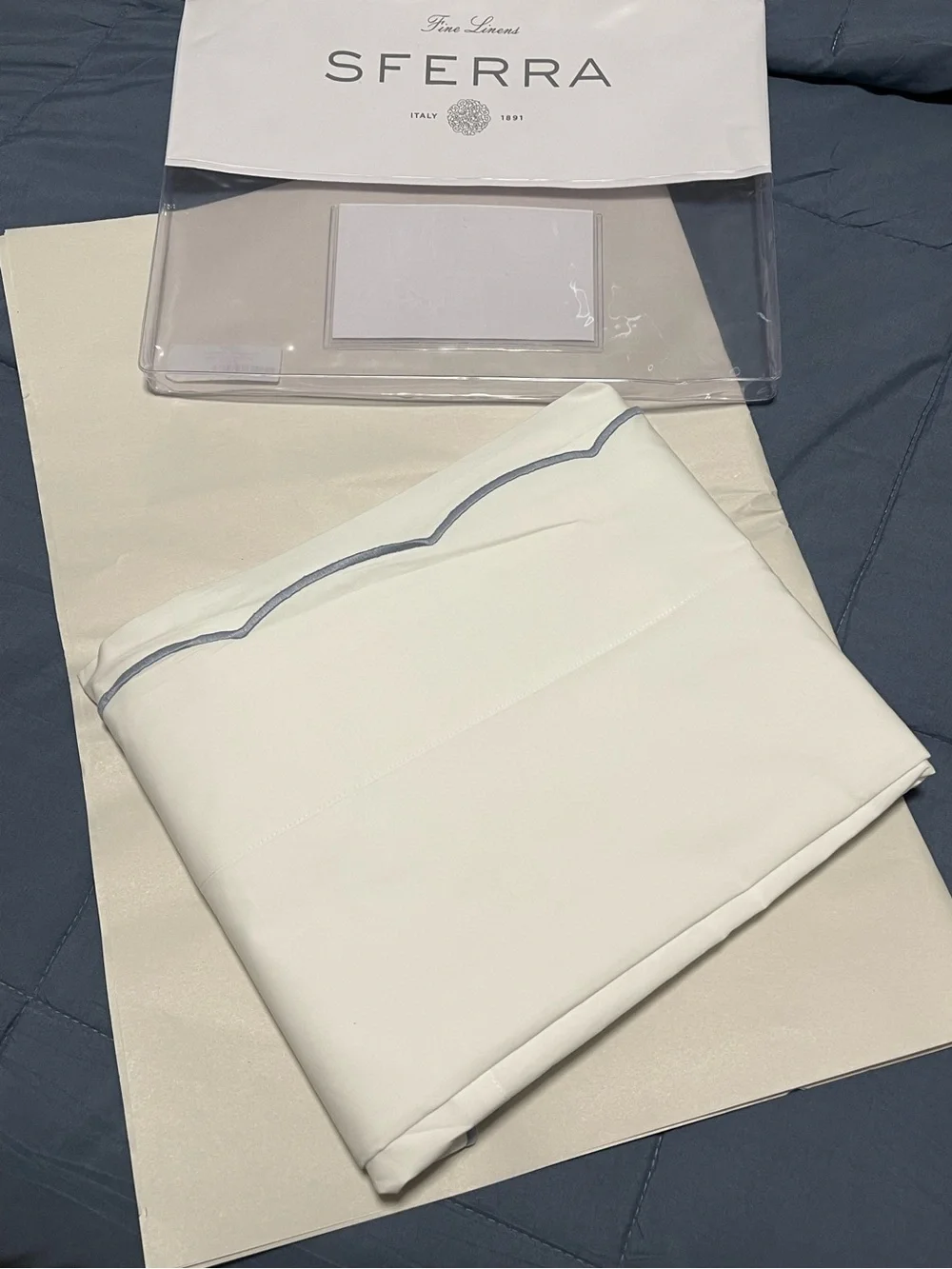 Sferra Limana Full/Queen Flat Sheet Long Staple Cotton Percale 96x114” White/Sea
